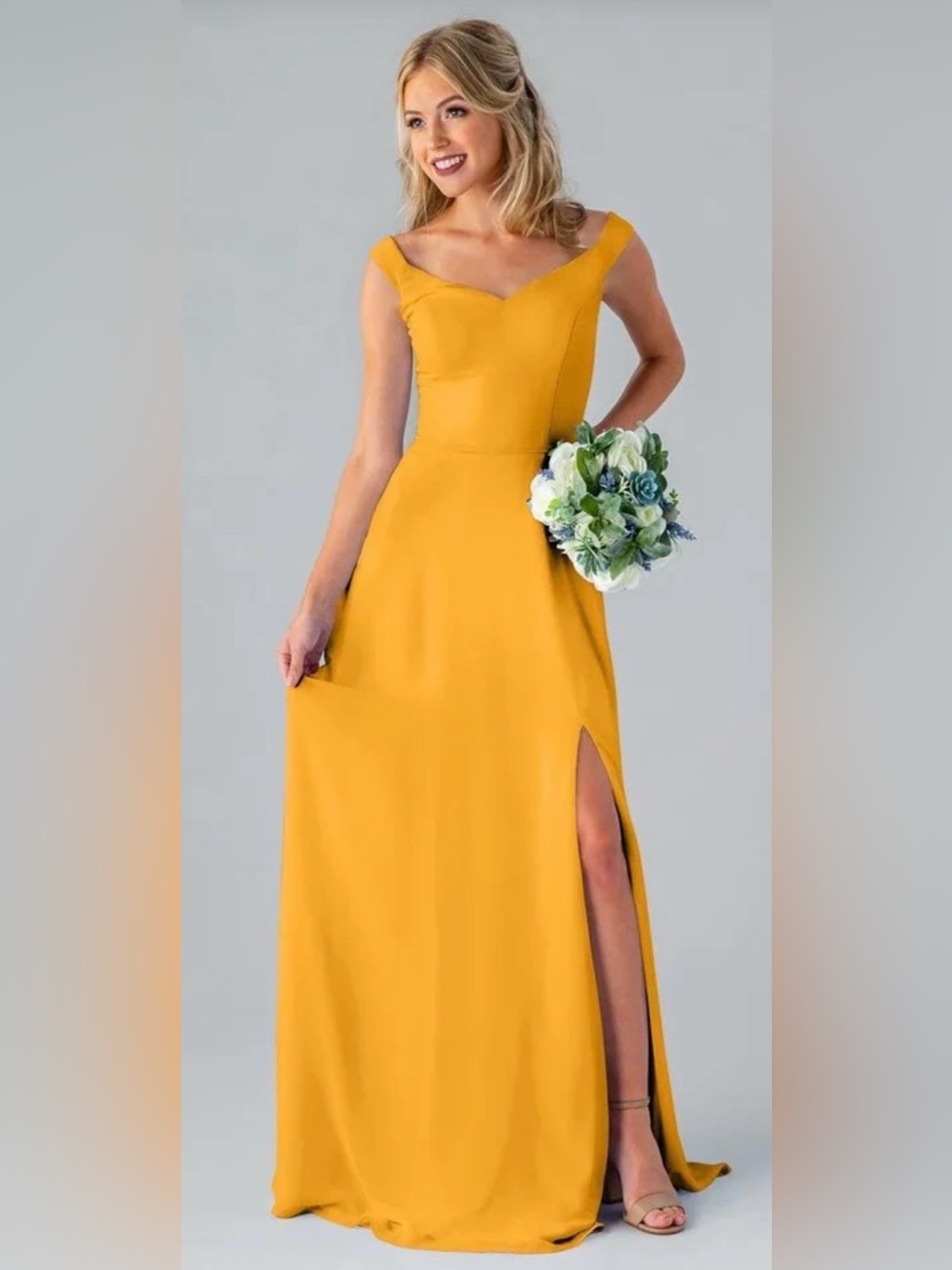 Kennedy Blue Elegant Mustard Yellow Cap Sleeve Bridesmaid Dress